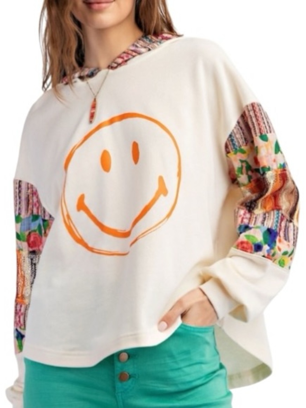 easel The Emery Smiley Face Mix Print Hoodie Pullover Size S - Picture 8 of 8